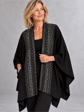 Ming Wang NWT Black Knit Kimono Cape
Cardigan with Silver Embellished Trim OS